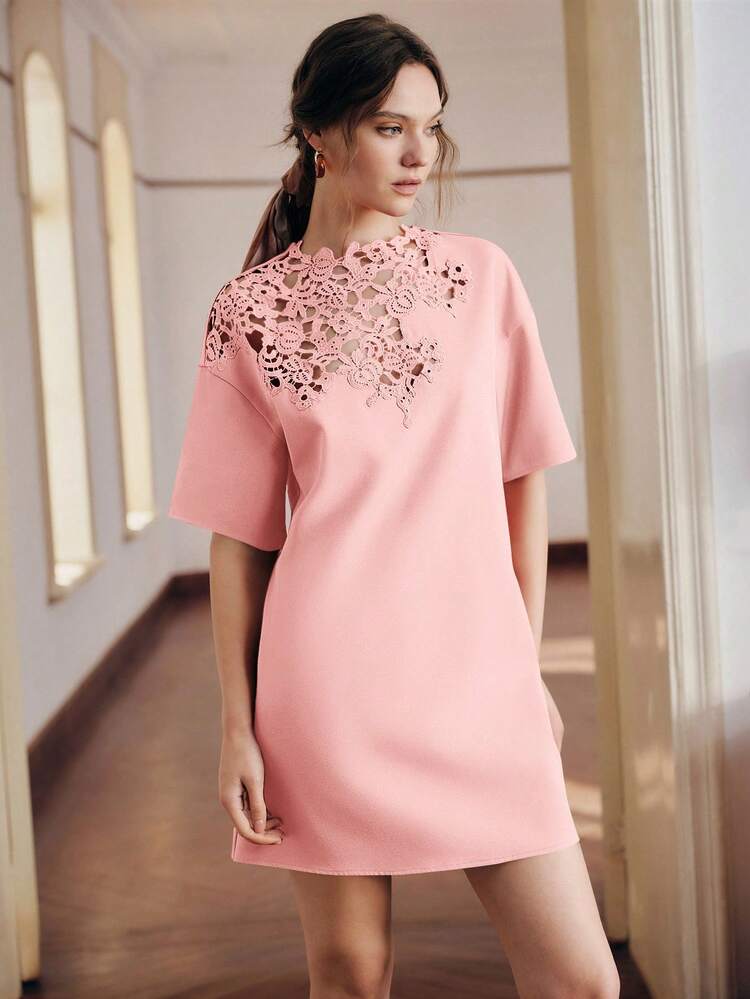 Solid Color Loose Lace Patchwork Short Sleeve Straight Dress For Women