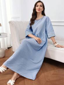 SHEIN Najma Đầm nữ thời trang kẻ sọc, tay lửng, vai rớt, kiểu Ả Rập. - Màu xanh lam - Xem 6