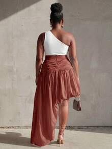 BamGleam 春季情人节新年假日新款白色宽松不规则下摆收腰女裙，时尚活泼的度假嘻哈休闲风，适合旅行、日常穿着、返校、派对等场合。 - 紅色 - 查看 2