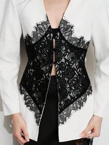 Aveloria Modichic 女士新款蕾丝拼接V领修身西装外套，优雅法式时尚风格，适合派对、宴会和高档场合。 - 黑與白 - 查看 5