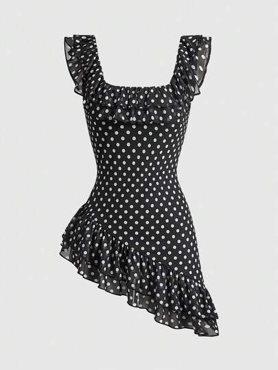 ROMWE J-Fashion Áo hai dây chấm bi kiểu retro Y2K với vạt áo bất đối xứng