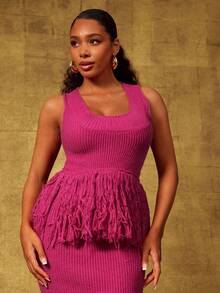 Berry Fringe Hem Rib Knit Sleeveless Peplum Top - Hot Pink - View 3