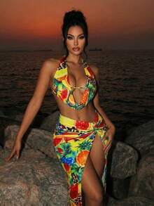 Swim SXY Falda de cintura alta con nudo retorcido con estampado de frutas tropicales y leopardo, falda ajustado con abertura, elegante para vacaciones, nuevo conjunto de alta gama para primavera/verano - Multicolor - Ver 8