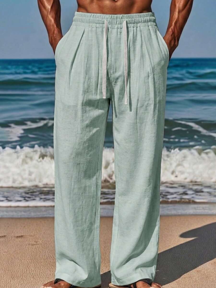 VIVINTIMO Men's Casual Solid Color Drawstring Pants, Summer - Cadet Blue - View 1