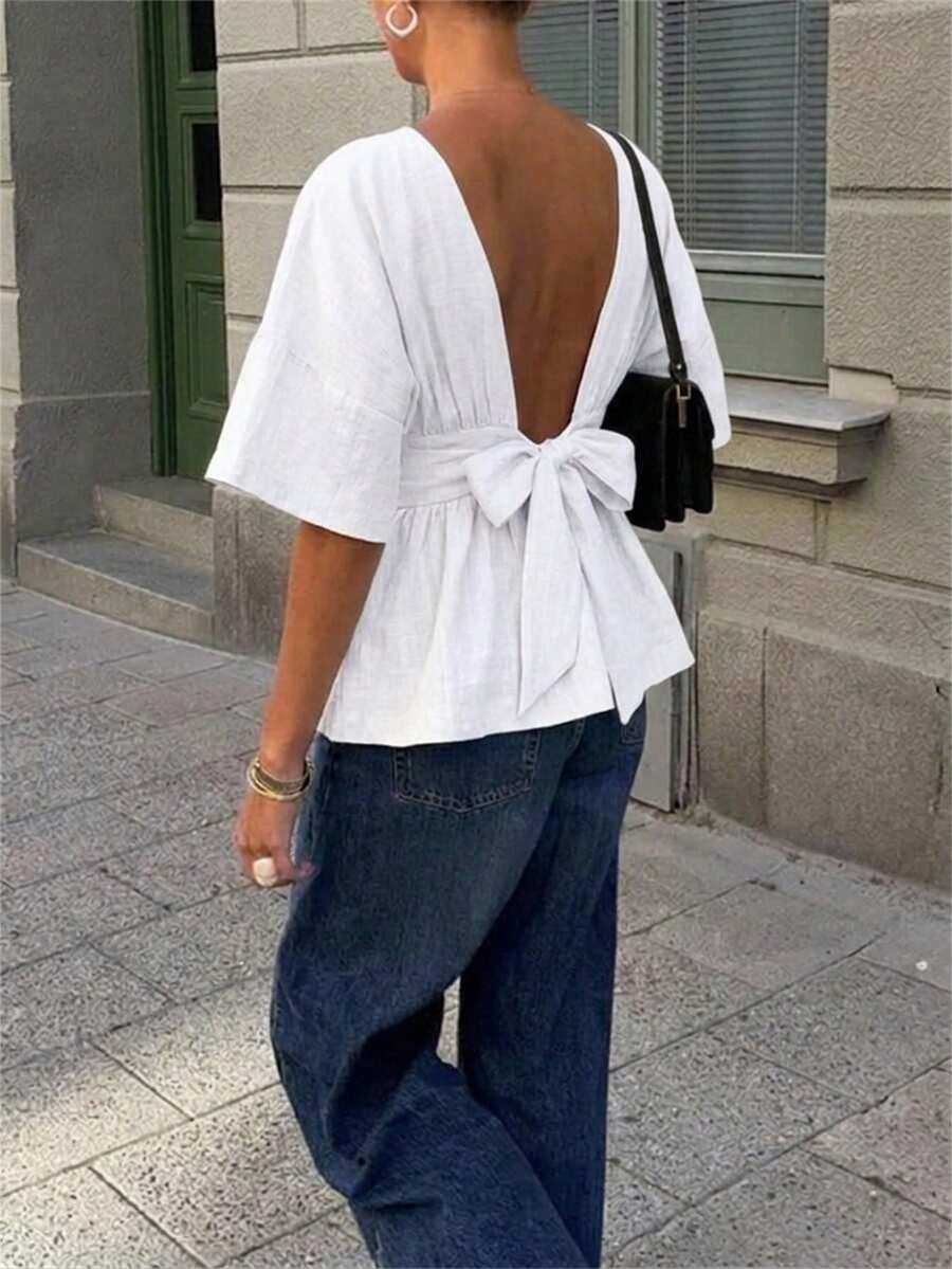 Aloruh 女士优雅圆领露背蝴蝶结装饰修身衬衫,乳白色 - 白色 - 查看 1