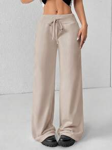 SHEIN PETITE Comfortable And Casual Plain Knitted Low-Rise Wide-Leg Women's Sweatpants - Camel - View 6
