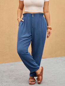 SHEIN Frenchy Quần skinny cạp chun kiểu túi giấy màu trơn dành cho nữ cỡ lớn, thích hợp mặc đi nghỉ mát và đi làm. - Màu xanh hải quân - Xem 5