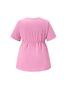 TaskEZ 2 piezas Conjunto de uniforme de talla grande con top de manga corta con cuello en V y cintura ceñida, y pantalones - Conjunto de ropa para servicio de limpieza - Rosa - Ver 4