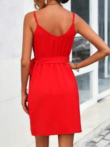 EMERY ROSE Solid Knot Side Wrap Hem Cami Dress For New Year Clothes - Red - View 2