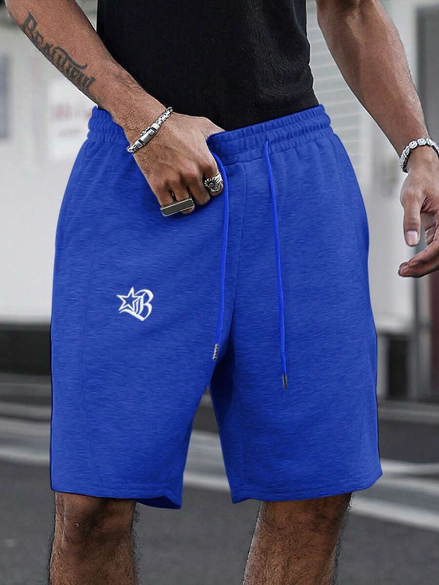 Manfinity Roghcode 男士简约刺绣图案休闲针织短裤,宽松直筒高街拼接运动裤 - 寶藍色 - 查看 1