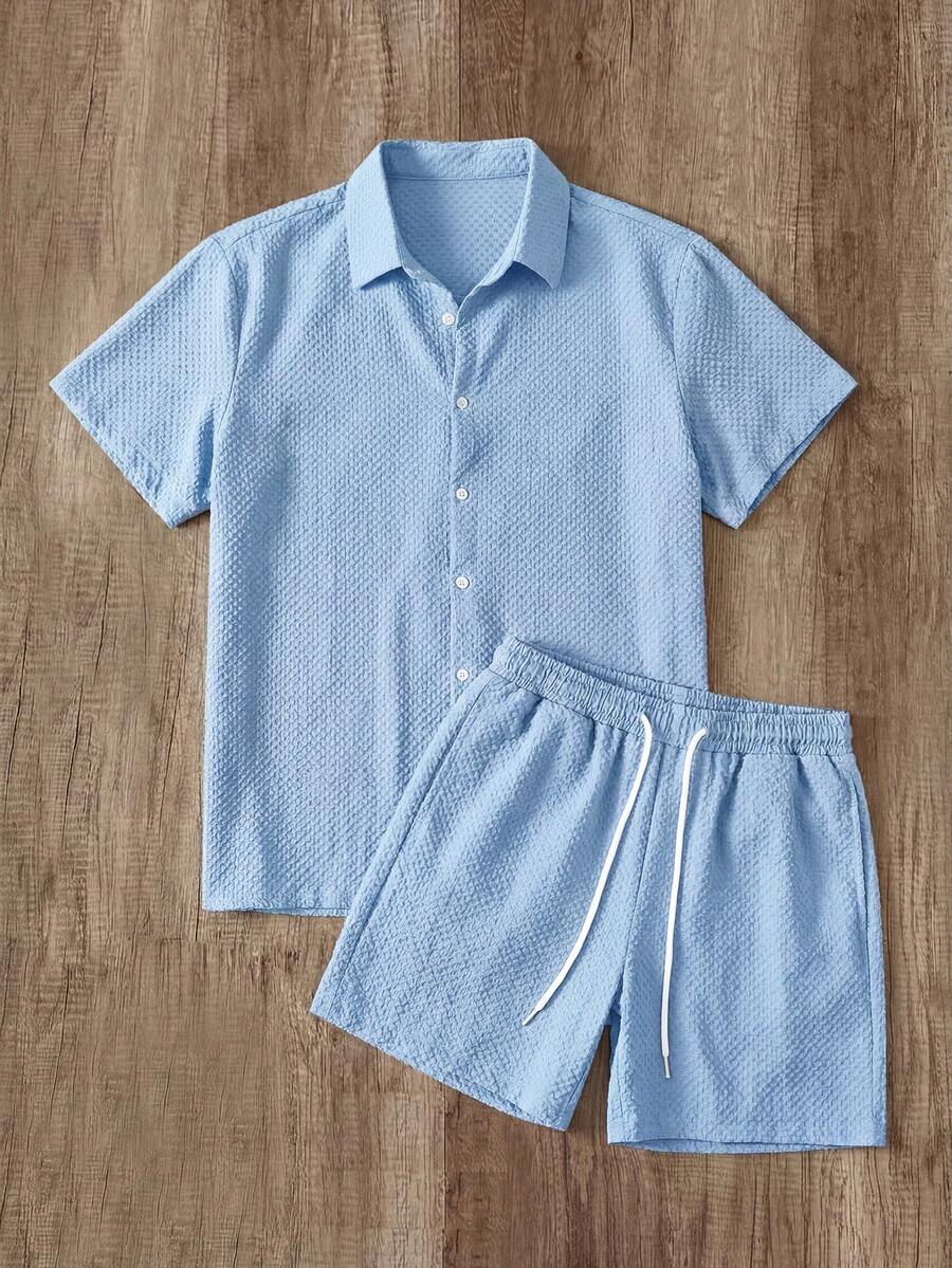 OldRiff 男士夏季休闲纯色纹理衬衫和短裤套装 - 藍色 - 查看 1