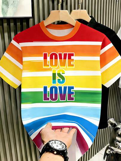 Chillumni Áo thun cổ tròn unisex kẻ sọc cầu vồng "Love Is Love" kiểu dáng thường ngày, thích hợp cho các bữa tiệc Tháng Tự hào.