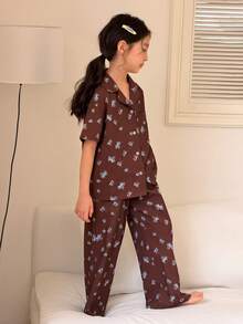 DAZY Bộ đồ mặc nhà cổ ve áo họa tiết hoa nhí dành cho bé gái tuổi teen - màu nâu - Xem 6