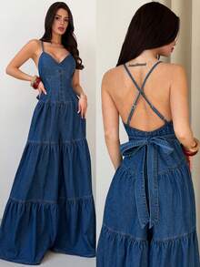 Firerie Mono vaquero con tirantes finos y espalda descubierta para mujer, disfraz de verano para carnaval, viajes, graduación, estilo Y2K, fiesta, boda, elegante, casual, playa, graduación. Vestido de tirantes de mezclilla para mujer con cuello en V profundo, ajuste ceñido, línea A, plisado, overol de sol, atuendo de verano casual. - Azul - Ver 1