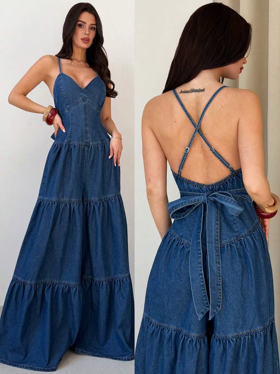 Firerie Mono vaquero con tirantes finos y espalda descubierta para mujer, disfraz de verano para carnaval, viajes, graduación, estilo Y2K, fiesta, boda, elegante, casual, playa, graduación. Vestido de tirantes de mezclilla para mujer con cuello en V profundo, ajuste ceñido, línea A, plisado, overol de sol, atuendo de verano casual. - Azul - Ver 1