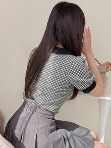 FRIFUL Women's Patchwork Peter Pan Collar Short Sleeve Fitted Casual T-Shirt, Versatile For Spring & Summer Plaid - Black - View 2