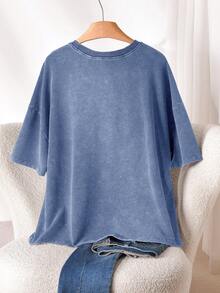 CosyJoli Camiseta casual de mujer talla grande con cuello en forma de corazón, hombros caídos y ribete de volantes - Azul - Ver 2