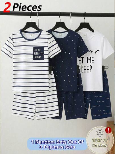 [3 Sets Random, 1 Set Sent] Boys' Summer Short Sleeve Shorts Pajamas, Star & Eyelash Stripe Print, Stretchy Knit Fabric, Comfortable Slim Fit 2-Piece Loungewear