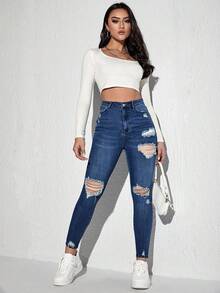 Rivivi Plus Size Distressed Denim Jeans - Blue - View 1