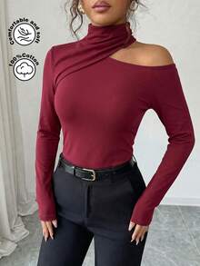 Modelyn Camiseta casual y elegante de mujer con cuello alto, manga larga, hombros oblicuos y cintura ceñida, en color rojo vino, para primavera/verano - Burdeos - Ver 3