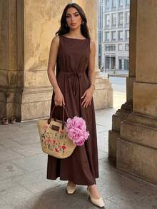 Elenzga Fashionable Elegant Round Neck Tie-Waist Fitted Women Dress - Brown - View 6