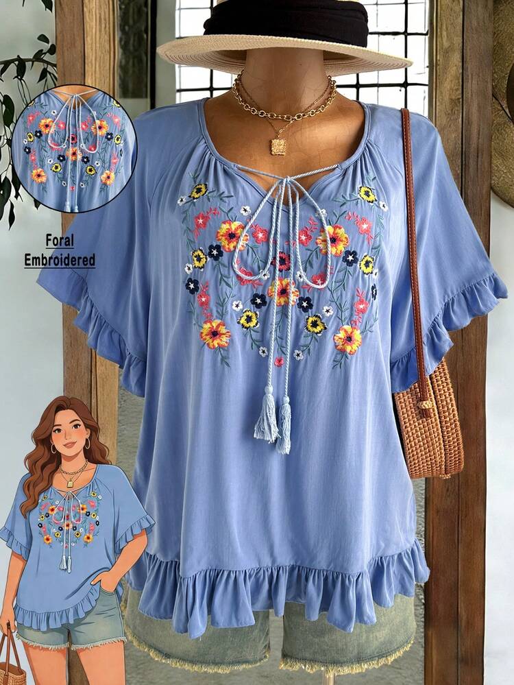 Plus Size Women's Summer Casual Vacation Country  Floral Embroidered Blue Ruffle Sleeve Blouse Top Shirt,Country Casual Vacation Outfits Woman,Simple And Fashionable For Everyday Wear,Summer Tops Women,Summer Outfits For Women,Casual Holiday Style,Summer Outfits For Women ,Vacation Outfits Women ,Holiday Outfits For Women,Going Out Outfits, New Clothes,Suitable For Summer, Vacation, Daily Wear, Festival Outfits For Women,Beach Outfits For Women,Gifts For Mother,Boho Top,Mothers Day Outfit
