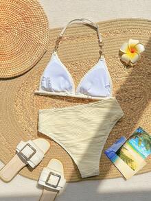 SHEIN Teen GirlNew Solid Color Beige Bikini Set, Minimalist Swimwear Beach Vacation Outfit - Multicolor - View 2