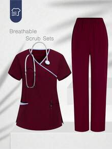 TaskEZ Solid Color Patchwork V-Neck Short Sleeve Top And Pants Scrub Uniform Set - Burgundy - View 1