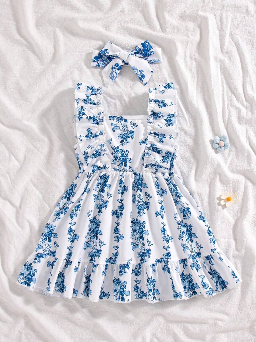 SHEIN Vintaside Kids White And Blue Floral Summer Boho Cute Vacation Holiday Baby Girl Halter Dress Ruffles A-Line Butterfly Breathable Outfits Clothes - Blue - View 1
