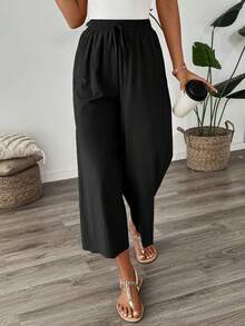 Easowa 女士休闲棉麻七分裤，黑色，适合返校季、教师制服穿着 - 黑色 - 查看 3