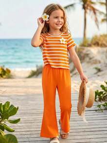 Elladie kids Set de 2 piezas de camiseta informal de moda para niña, con parte superior de manga corta de tela de punto con estampado floral y rayas naranjas, combinada con pantalones acampanados de tela de punto con estampado digital naranja sólido, casual y cómodo, adecuado para uso diario, escuela, salidas, fiestas, primavera y verano - Naranja - Ver 9