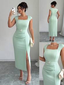 Elenzga Plus Size Women's Summer Sleeveless Square Neck Ruched Metal Buckle Slit Bodycon Dress, Commuting & Office Wear - Green - View 1