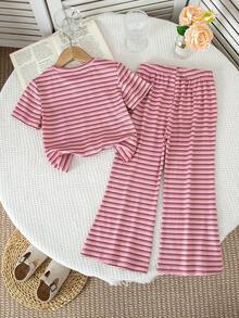 SHEIN 少女極簡條紋短袖T恤與長褲套裝 - 粉色 - 查看 10