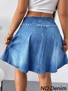 SHEIN Elenzya 大码女式时尚休闲浅蓝色仿牛仔印花高腰显瘦弹力A字短裙裤，适合运动、户外跑步和日常休闲穿着 - 藍色 - 查看 2