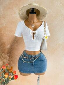 SHEIN WYWH Vacation Fitted Women T-Shirt, Front Ruched Drawstring, Suitable For Party, Date, Valentine's Day, Easter, Carnival, Afternoon Tea, Beach, Cruise, City Vacation,Summer Outfit For Women , Festival Outfits, Graduation,Vacation Outfits Women,Work Outfits For Women , Beach Outfit For Women,Summer Top - White - View 3