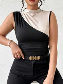SHEIN Elenzya Áo camisole và tank top không tay cổ cao phối màu, cỡ lớn, thích hợp cho mùa Xuân/Hè/Thu. - màu đen - Xem 1