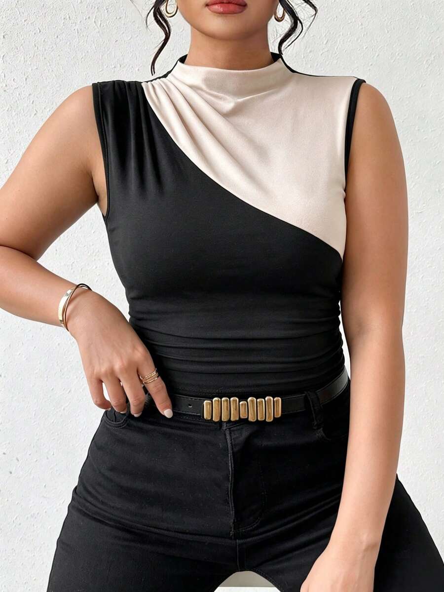 SHEIN Elenzya Áo camisole và tank top không tay cổ cao phối màu, cỡ lớn, thích hợp cho mùa Xuân/Hè/Thu. - màu đen - Xem 1
