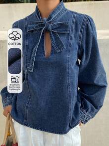 DAZY Women's Tie Collar Long Sleeve Casual Denim Blouse - Blue - View 1