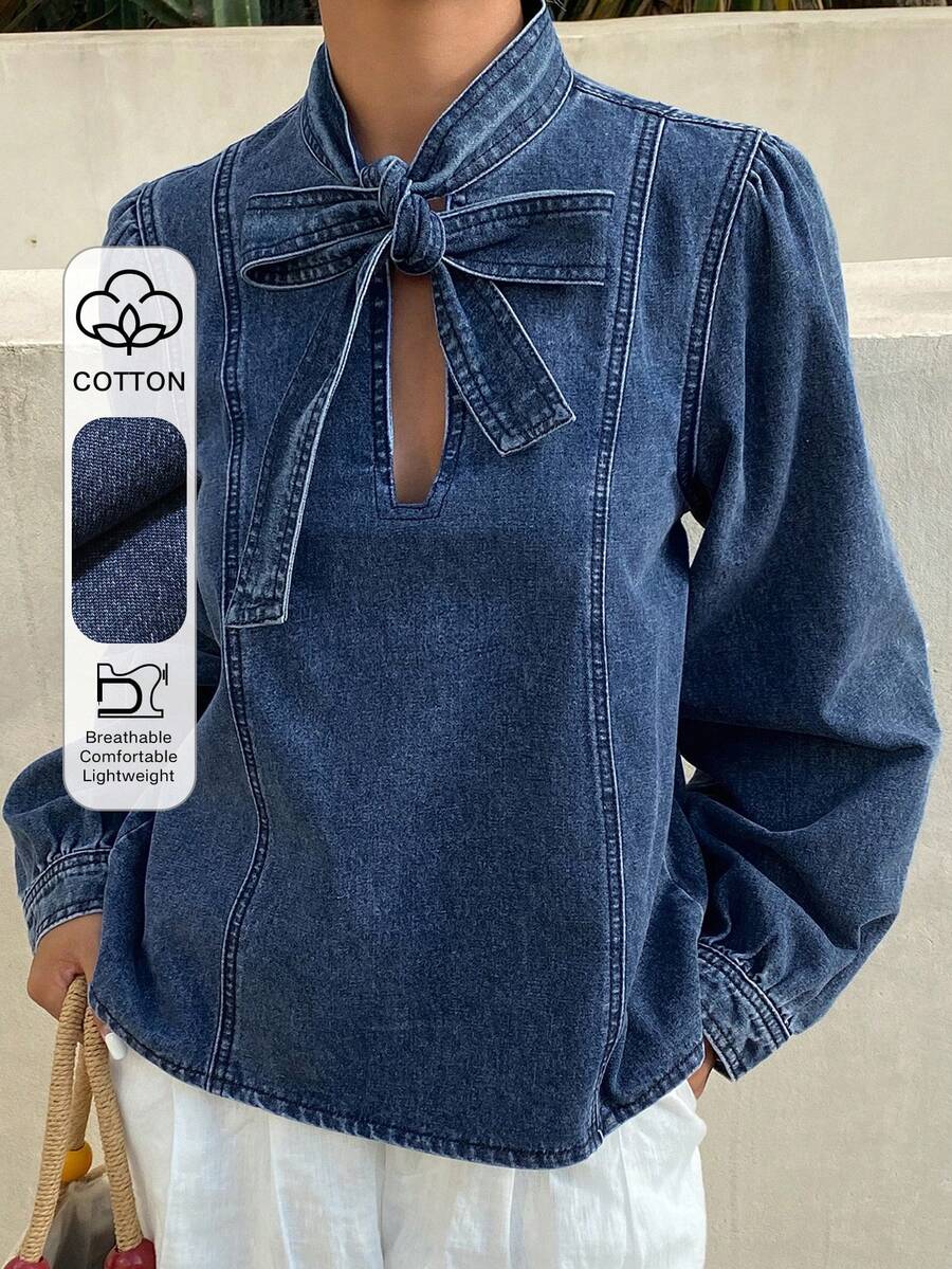 DAZY Women's Tie Collar Long Sleeve Casual Denim Blouse - Blue - View 1