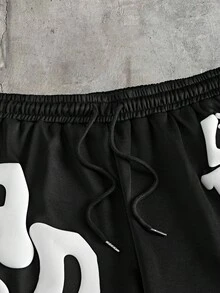 AXEPEAK Men's Casual Fashion Street Daily Commute Letter Embossed Drawstring Waist Loose Shorts, Summer - Black - View 5