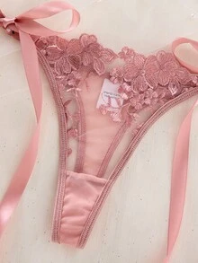 SHEIN 2pcs Sky Blue Embroidered Lace-Up Lingerie Set For Women - Watermelon Pink - View 4