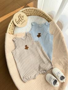 2pcs/Set Newborn Baby Boys Cute Poplin Solid Color Vest & Overall, Summer - Multicolor - View 6