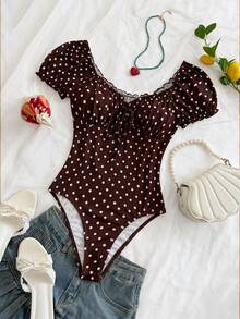 Soleia Trang phục dự tiệc cưới kiểu miền Tây thường ngày, phù hợp cho kỳ nghỉ tốt nghiệp, tiệc trưa, ngày lễ Thánh Patrick, kỳ nghỉ xuân, lễ Phục sinh, lễ hội âm nhạc, trang phục mùa hè thanh lịch phong cách Boho nhiệt đới, áo liền thân tay cánh hoa chấm bi cho nữ. - Cà phê nâu - Xem 5