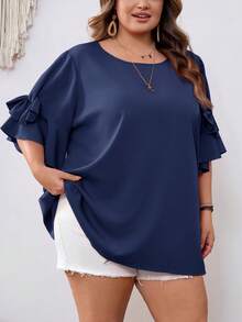 SHEIN CURVE+ Áo sơ mi nữ màu hồng cánh sen cổ tròn trang trí nơ, cỡ US22, phong cách Bohemia, thích hợp cho lễ hội âm nhạc, kỳ nghỉ bên bờ biển, mùa hè. - Màu xanh hải quân - Xem 3