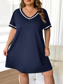 SHEIN CURVE+ Plus Size Women's Fashionable Casual V-Neck Contrasting Ribbon Black Knitted Dress - Navy Blue - View 5