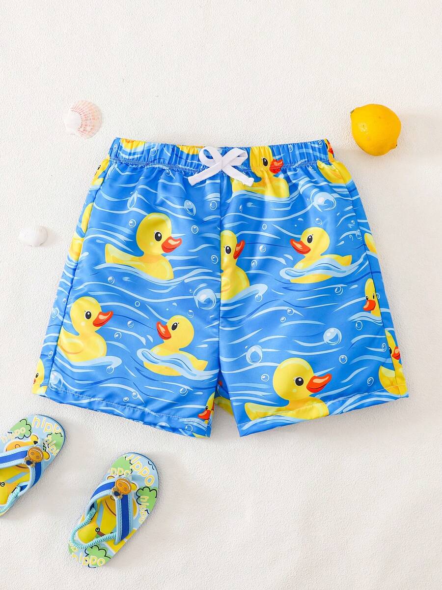 SHEIN Kids/Tween Boys' Casual Striped Versatile Comfortable Coconut Tree Print Patchwork Loose Lining Swim Trunks Beach Shorts - Black - View 1