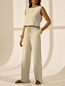 SHEIN Tall Women's 2pcs Linen Set,Sleeveless Crew Neck Back Button Top And Pants,French Summer Chic,Elegant Casual Off-White Holiday Vacation,Resort Outfits - Apricot - View 5