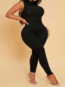 SHEIN SXY Plus Size Summer Sleeveless Tight Jumpsuit, Casual & Minimalist - Black - View 4