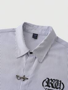 ROMWE MEN 男士休闲条纹字母印花宽松短袖衬衫 - 灰色 - 查看 3