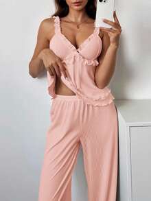 Aloruh Bohemian Casual Ruffle Strap Pants Women Pajama Set - Pink - View 5